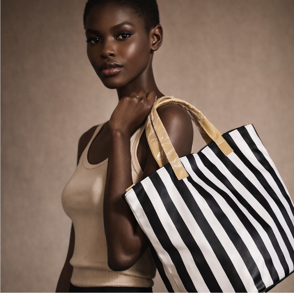 Black White Striped Tote Bag Large Zip Top Carryall Shopper